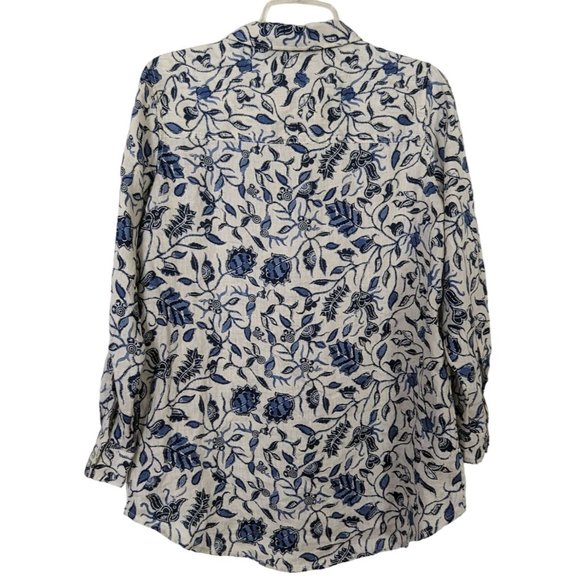 Rachel Zoe 100% linen long sleeve button up floral tab sleeve V neck blouse S - Picture 2 of 9
